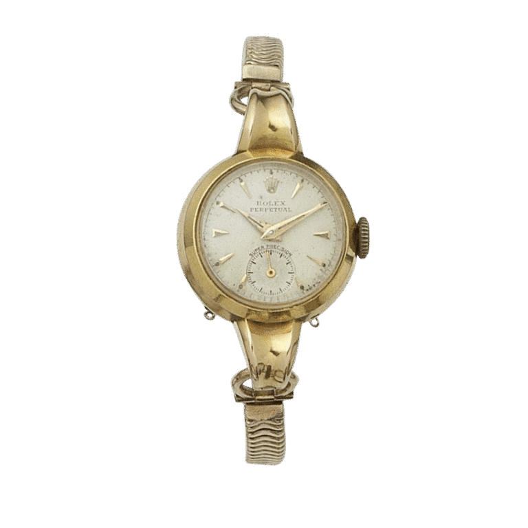 Vintage gold Rolex Oyster Perpetual wristwatch with a round face and metal link band, featuring a 4487 small seconds subdial.