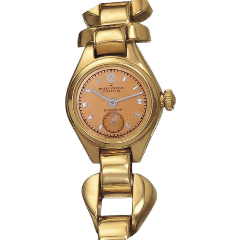 Gold Rolex Oyster Perpetual 4214 wristwatch with a round salmon dial, gold links, and Roman numerals at 3, 6, 9, and 12 o’clock.