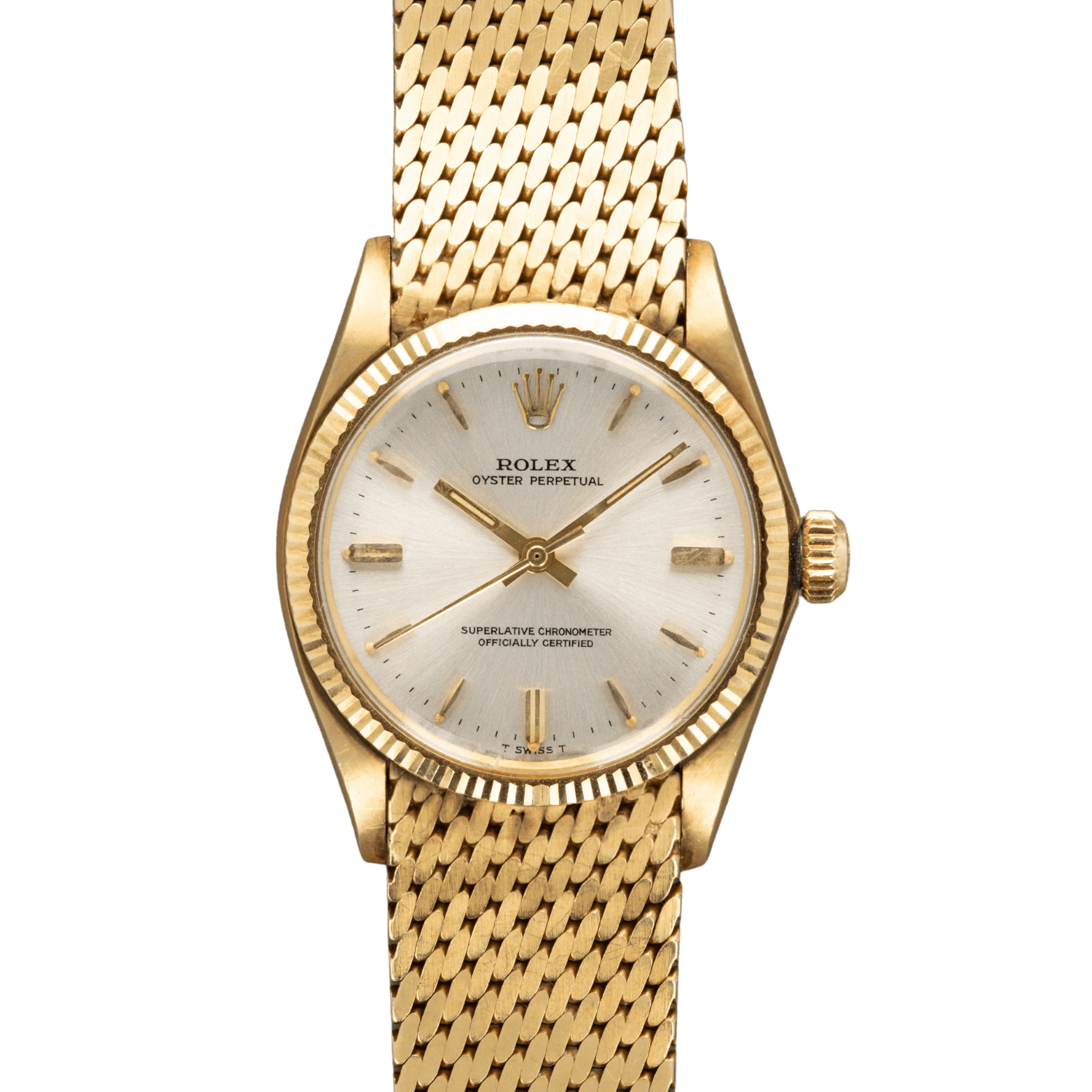 A gold Rolex Oyster Perpetual 6551 wristwatch with a mesh bracelet and silver dial displayed on a plain background.