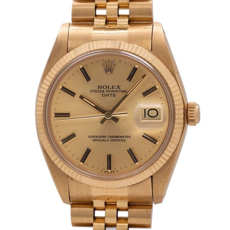 Gold Rolex Oyster Perpetual Date 1508 watch featuring a champagne dial and a date window at 3 o’clock.
