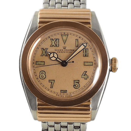A vintage Rolex Oyster Perpetual 3595 watch with a gold-tone dial and a classic two-tone metal band.