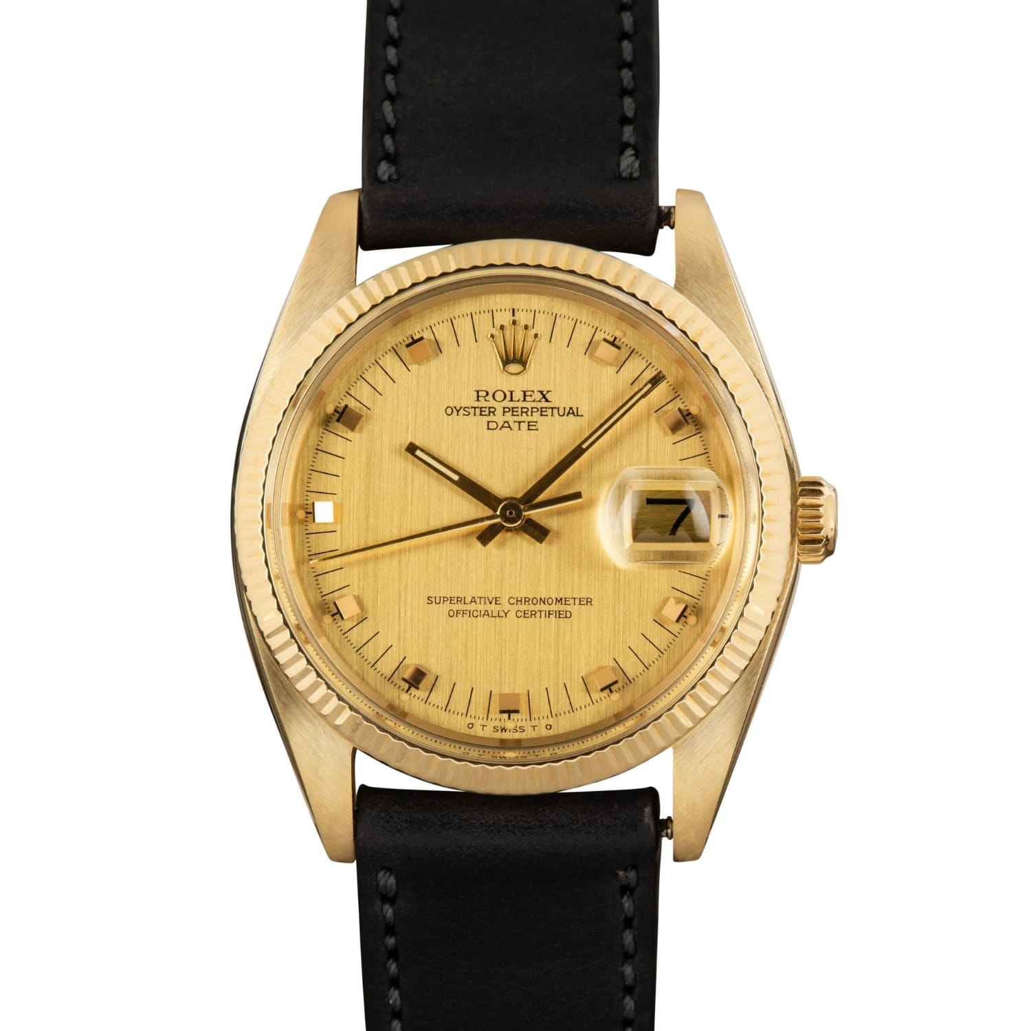 A gold Rolex Oyster Perpetual Date 1503 wristwatch with a black leather strap and date display, shown against a white background.