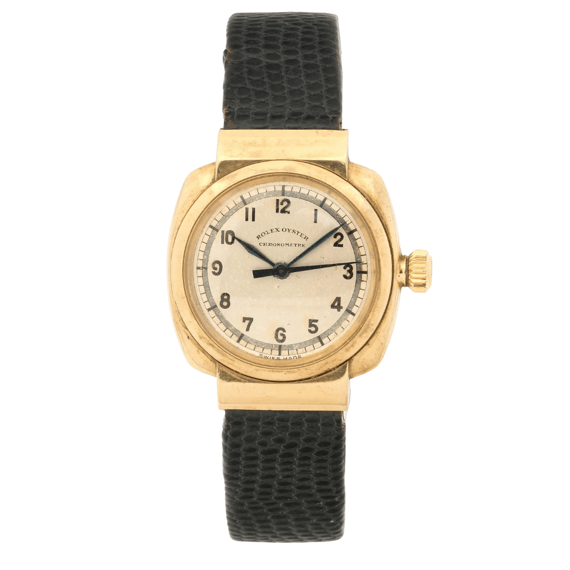 Gold vintage Rolex Oyster wristwatch with a black leather strap and white dial featuring Arabic numerals—a true luxury watch for collectors.