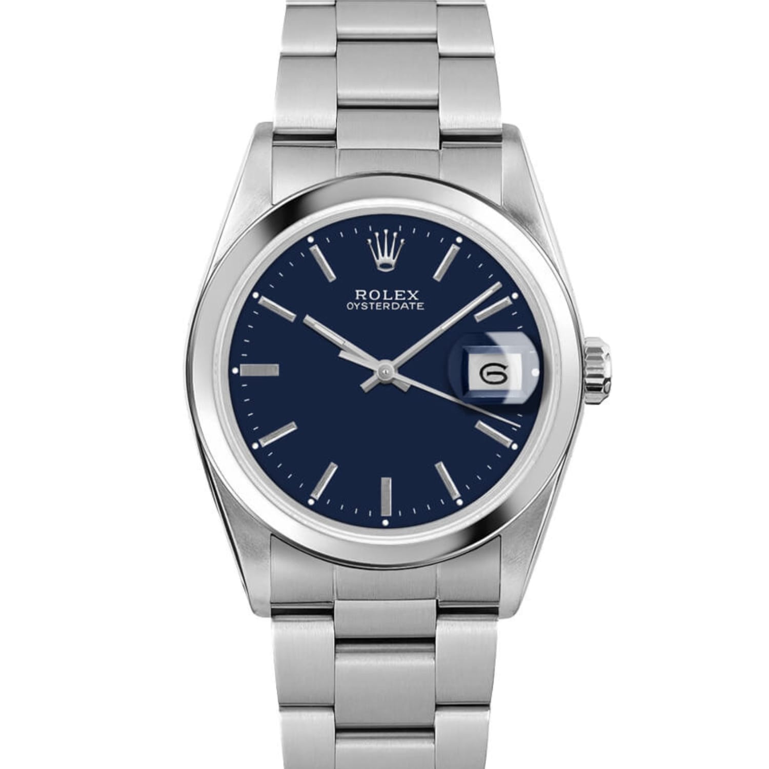Silver Rolex Oysterdate 6694 watch with a blue dial, silver markers, and a metal link bracelet showing the date 6.