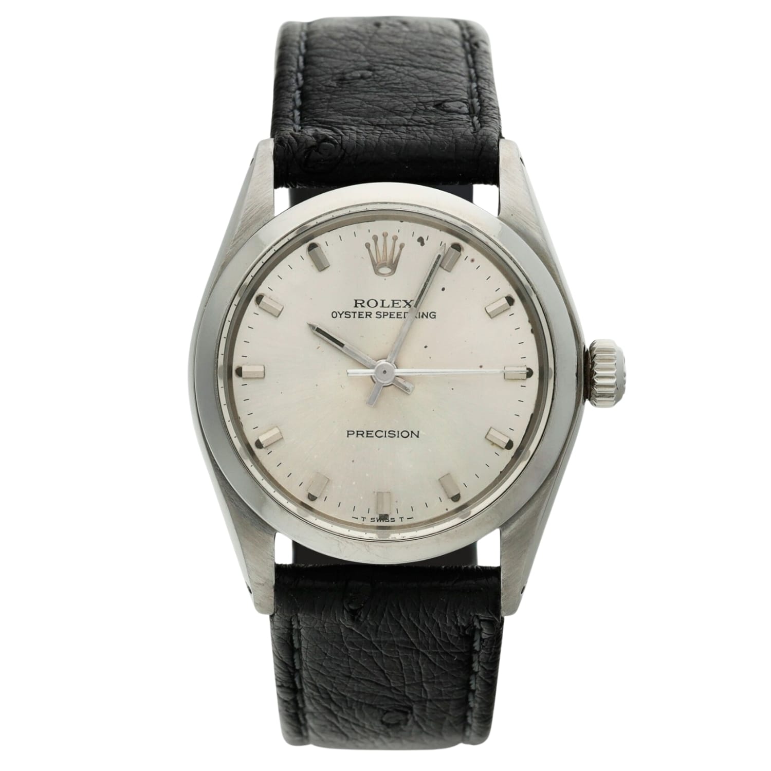 A silver Rolex Oyster Speedking 6430 watch with a black leather strap and simple white dial.