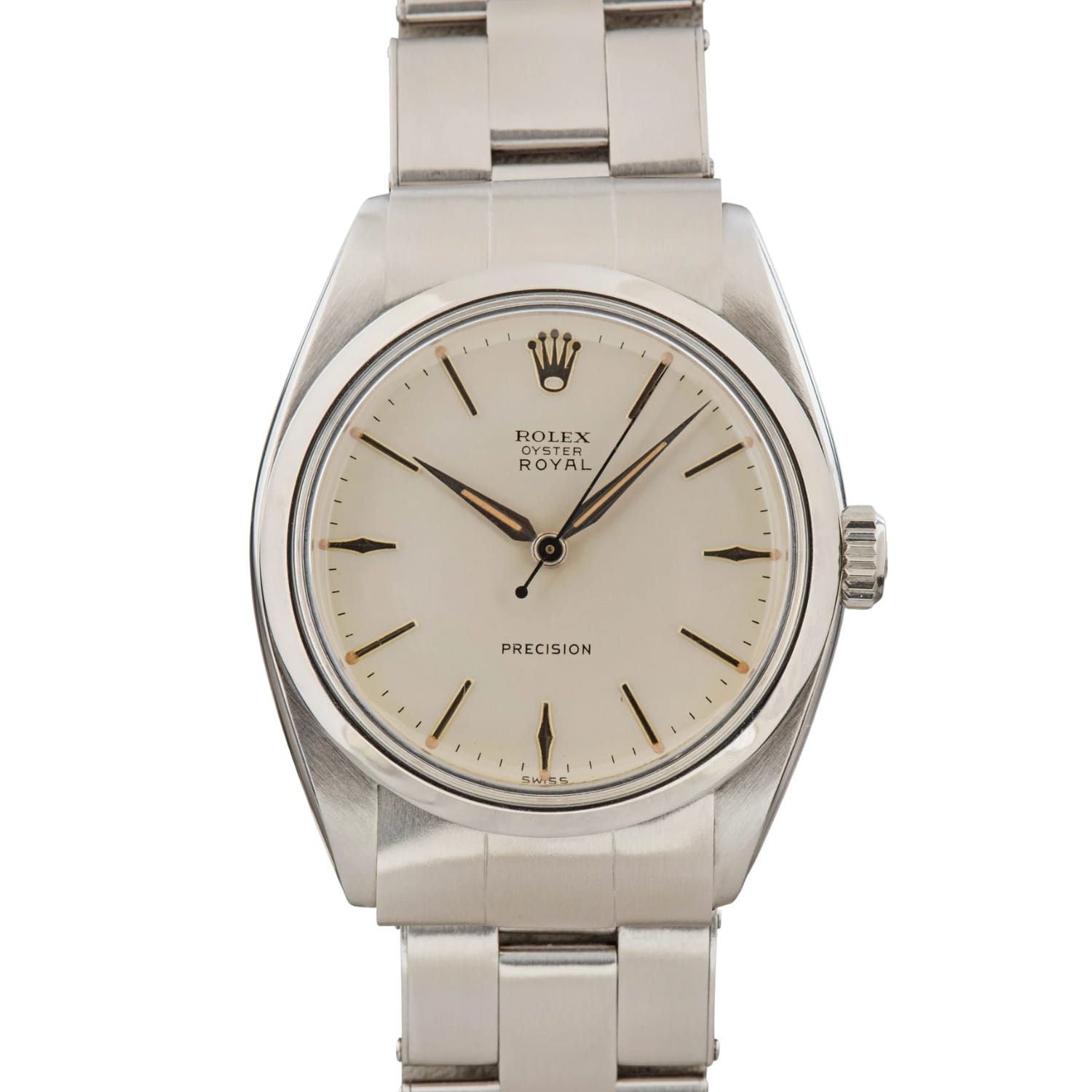 A silver Rolex Oyster Royal 6426 Precision wristwatch with a cream dial and metal bracelet.