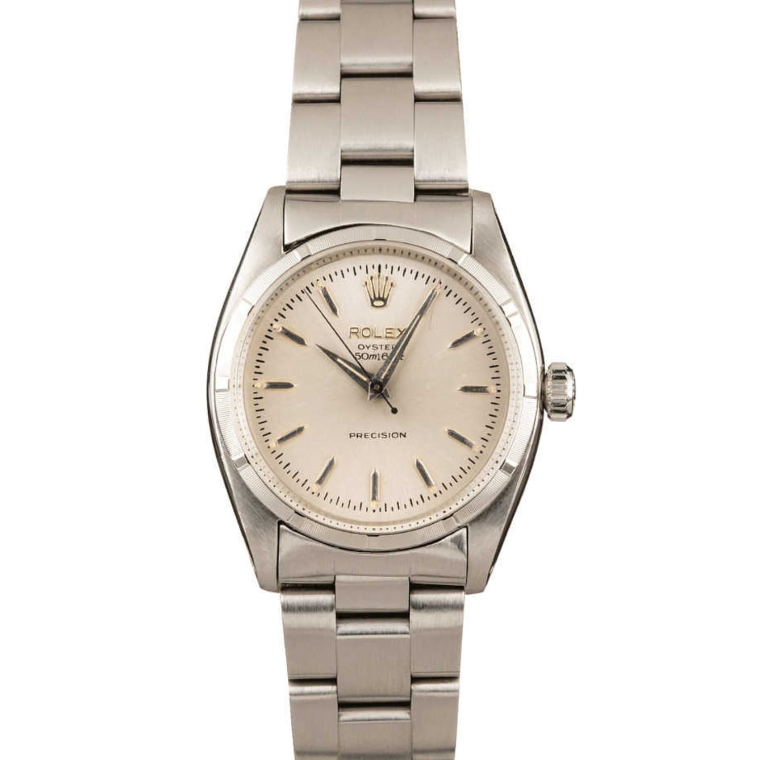 Silver Rolex Oysterdate Precision watch with a metal bracelet and a simple, clean white dial—a classic Rolex Oyster 6423 that combines timeless elegance with refined simplicity.