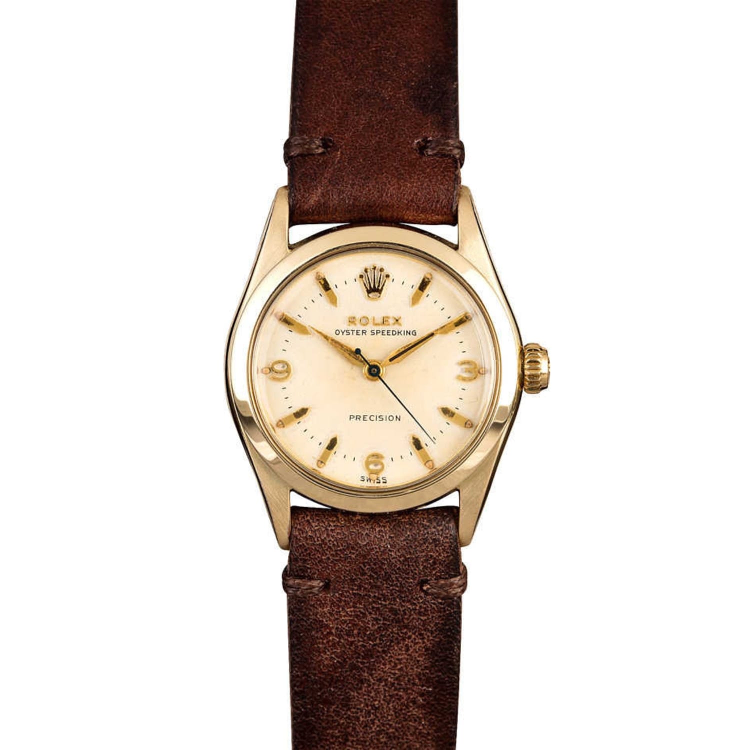 Gold Rolex Oyster Speedking 6418 watch with a cream dial and brown leather strap, shown facing forward.