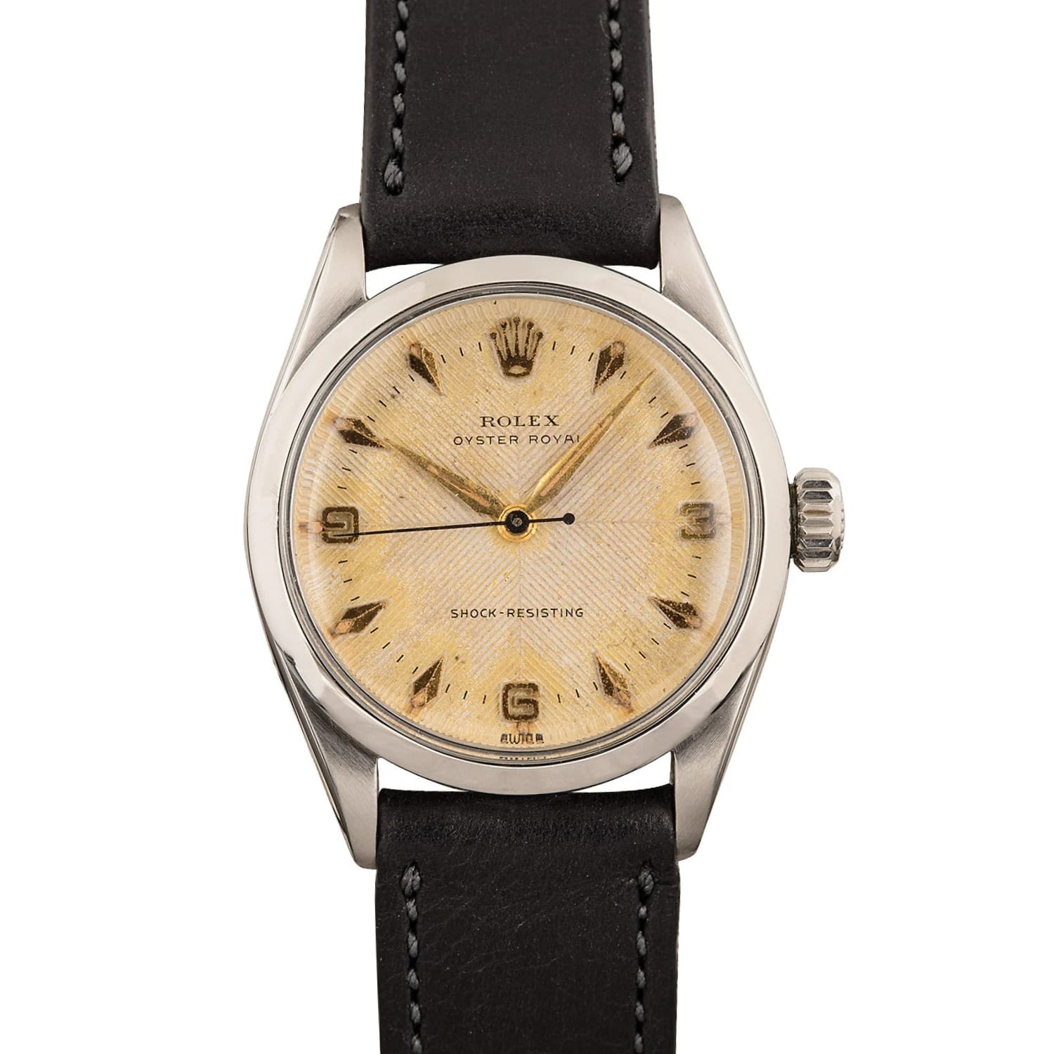Rolex Oyster Royal 6246 watch with a cream textured dial, black indices, and a black leather strap.