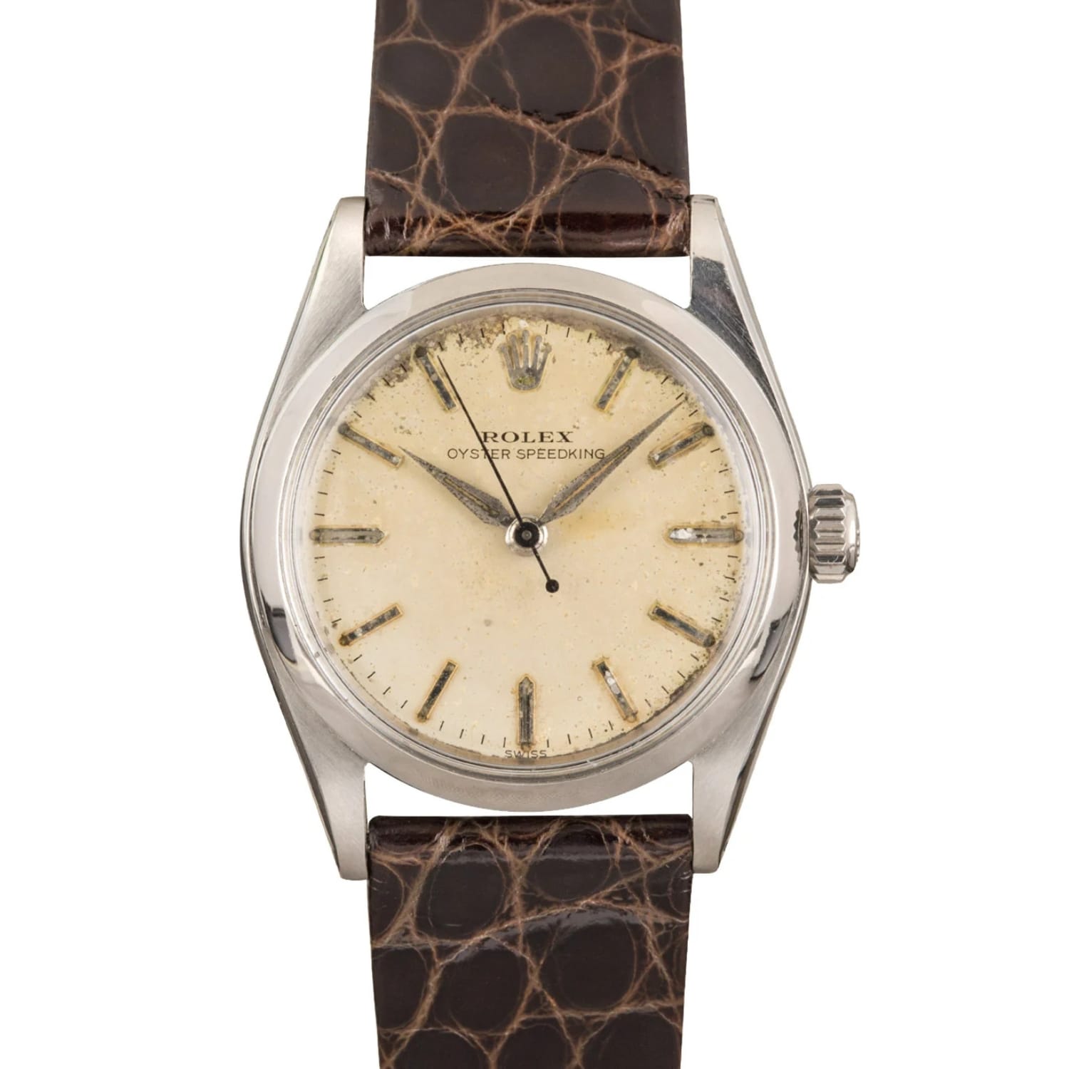 Vintage Rolex Oyster Speedking 6420 watch featuring a cream dial, silver case, and brown leather strap.