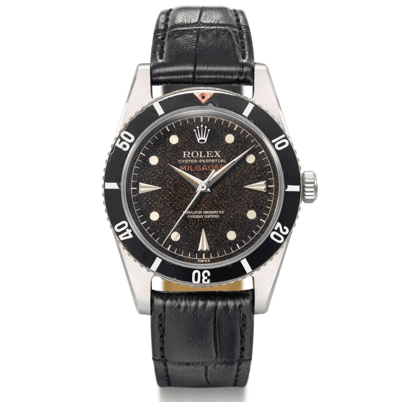 A vintage Rolex Oyster Perpetual Milgauss 6543 watch with a black dial, black bezel, and black leather strap.