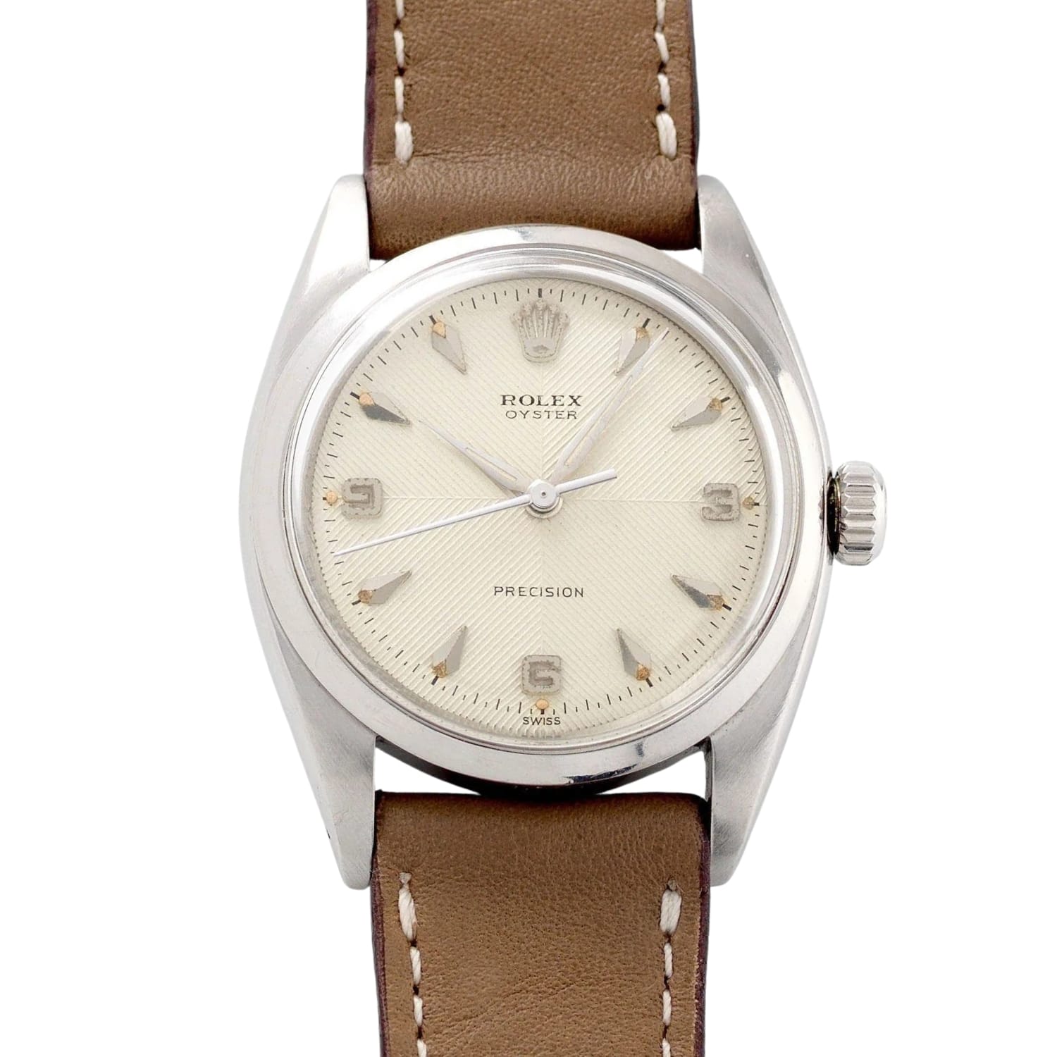 A vintage Rolex Oyster Precision watch, model Rolex 6422, featuring a beige dial and classic brown leather strap.