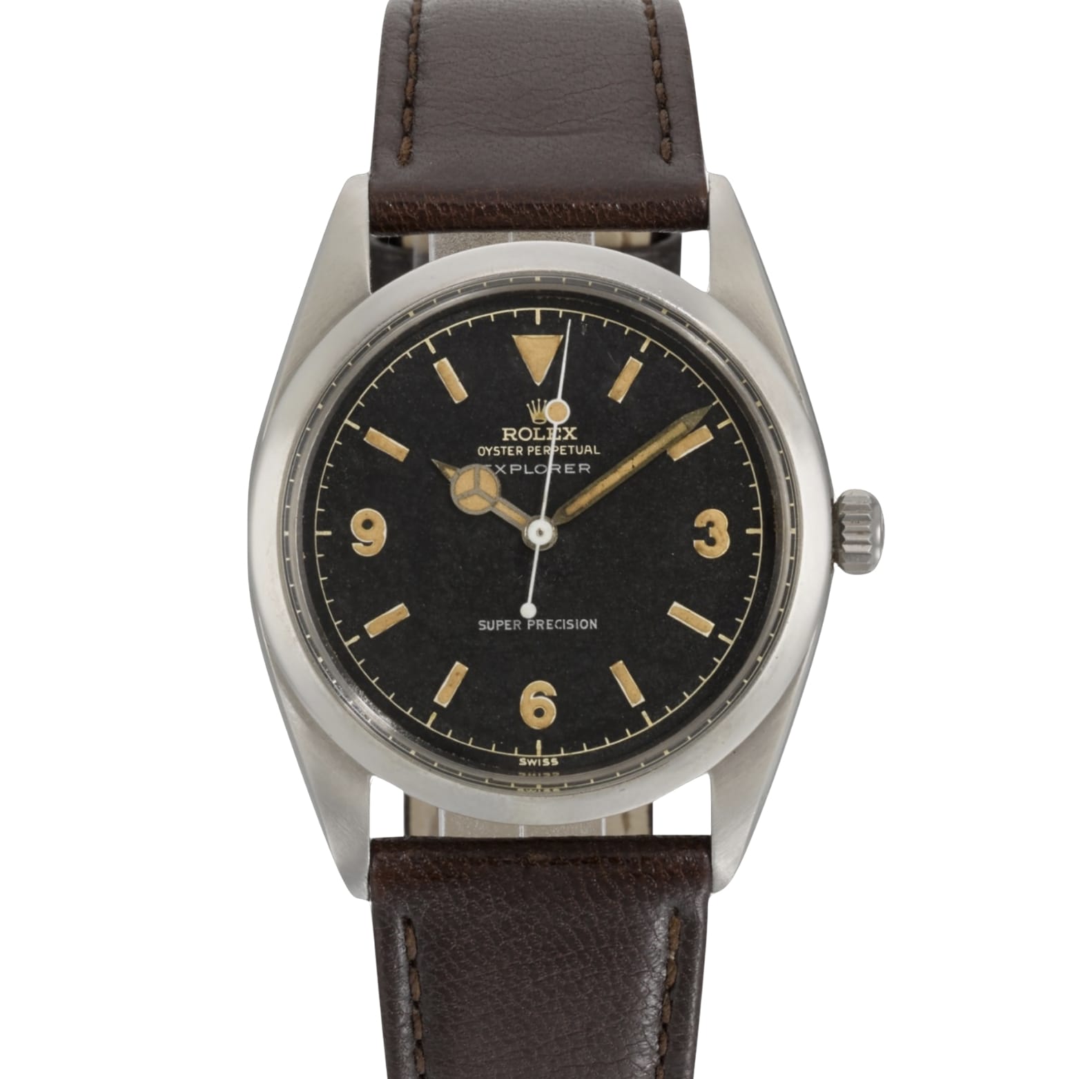 Vintage Rolex Explorer watch with a black dial, gold hour markers, and a brown leather strap—an iconic Rolex piece for collectors.