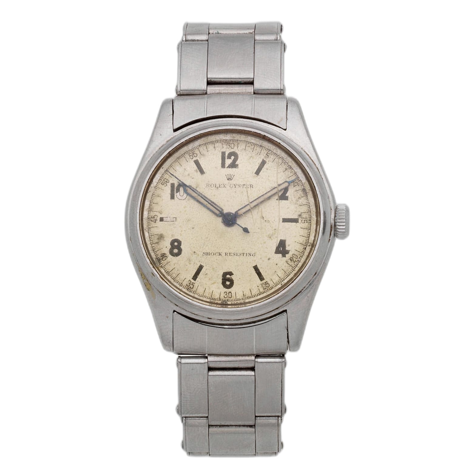 A vintage stainless steel Rolex Oyster 4444 wristwatch with a cream-colored dial and black numerals.