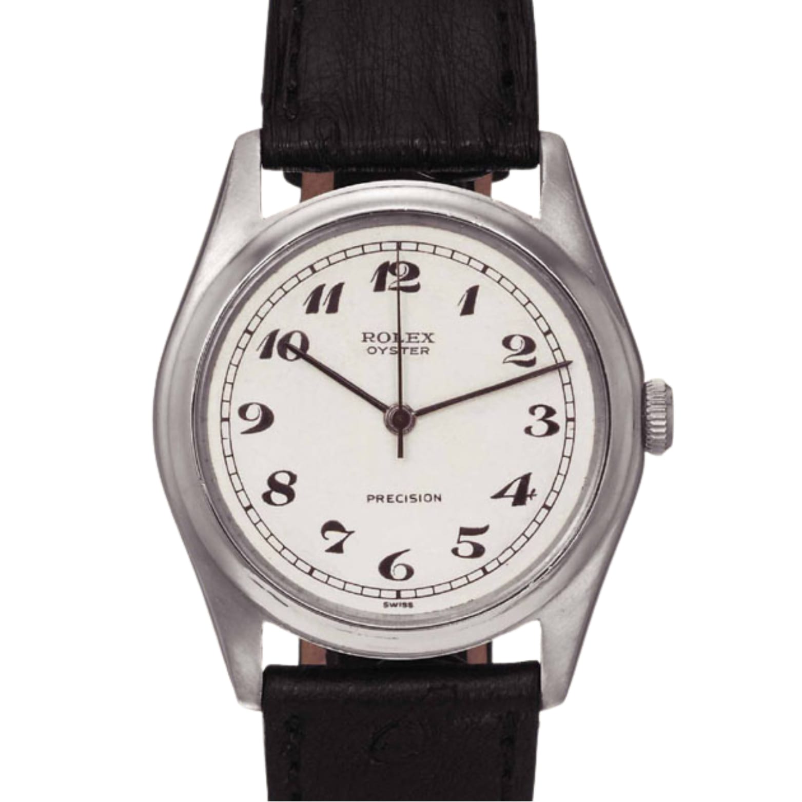 A silver Rolex Oyster Precision watch, reference Rolex 4461, with a white dial, Arabic numerals, and a black leather strap.