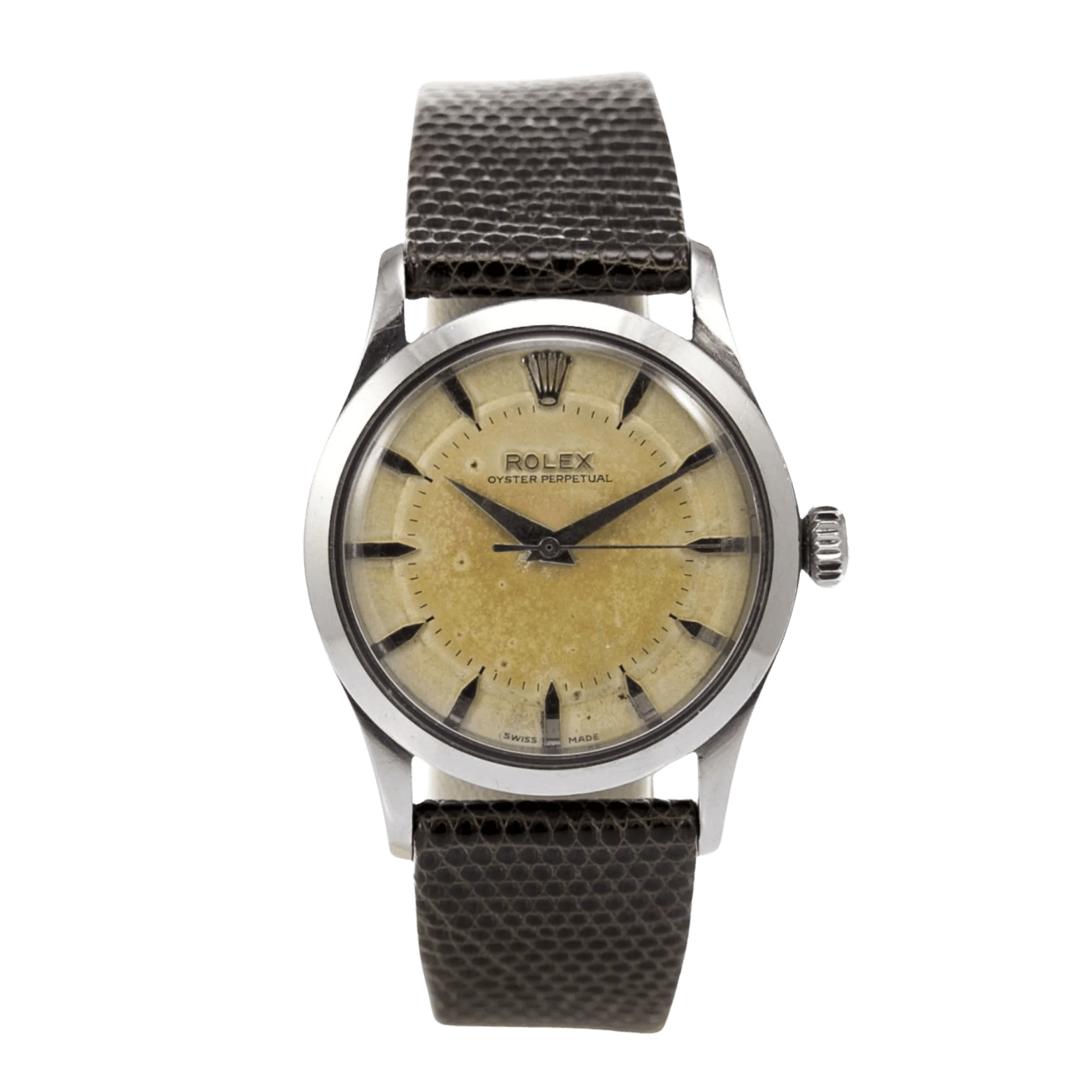 Vintage Rolex Oyster Perpetual wristwatch, ref. 6332, featuring a beige dial, black markers, and a textured dark leather strap.