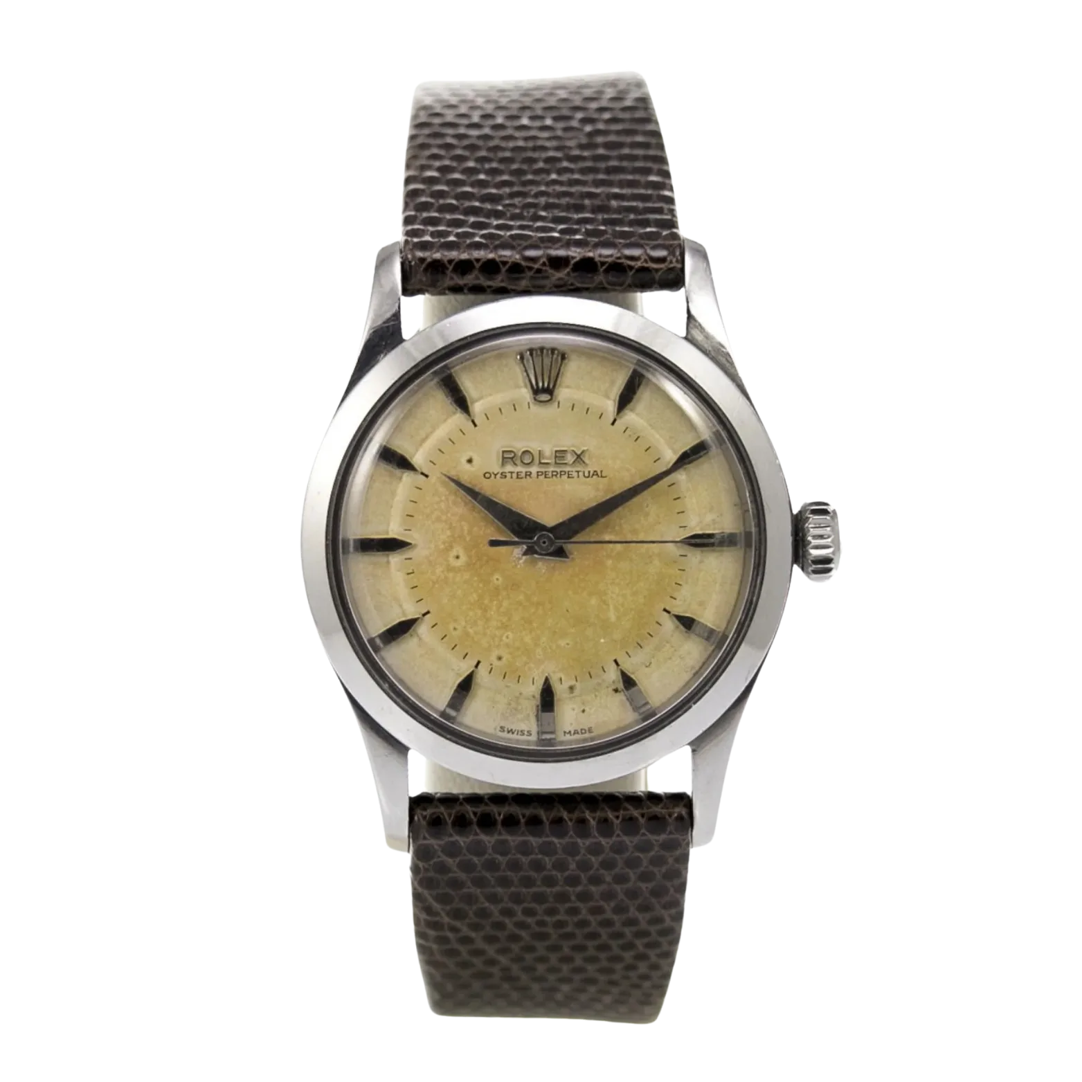 Vintage Rolex Oyster Perpetual wristwatch, ref. 6332, featuring a beige dial, black markers, and a textured dark leather strap.