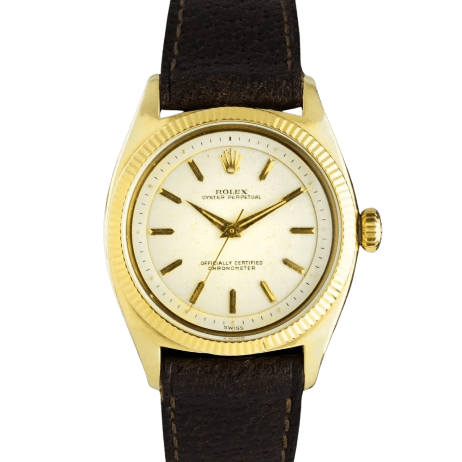 A gold Rolex Oyster Perpetual wristwatch with a white dial, gold hour markers, and a dark brown leather strap.