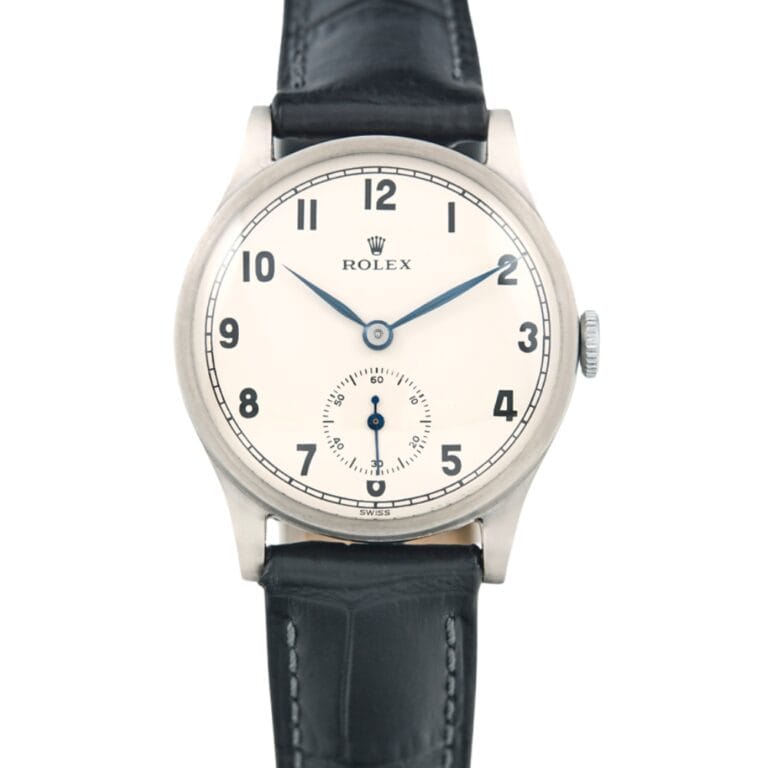 A classic Rolex wristwatch with a white dial, black numerals, and a black leather strap.