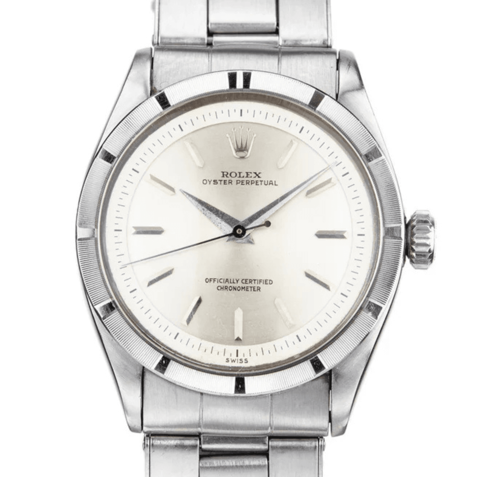 Silver Rolex Oyster Perpetual 6303 wristwatch with a white dial and silver hour markers on a metal bracelet.