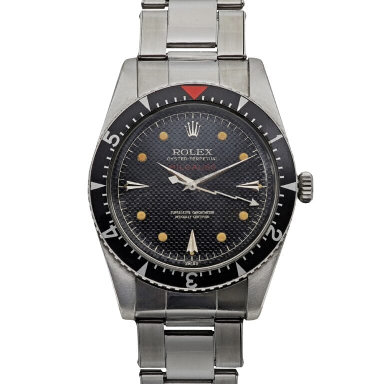 A vintage Rolex Oyster Perpetual wristwatch inspired by the iconic Rolex Milgauss 6541, featuring a black dial, silver band, and luminous hour markers.