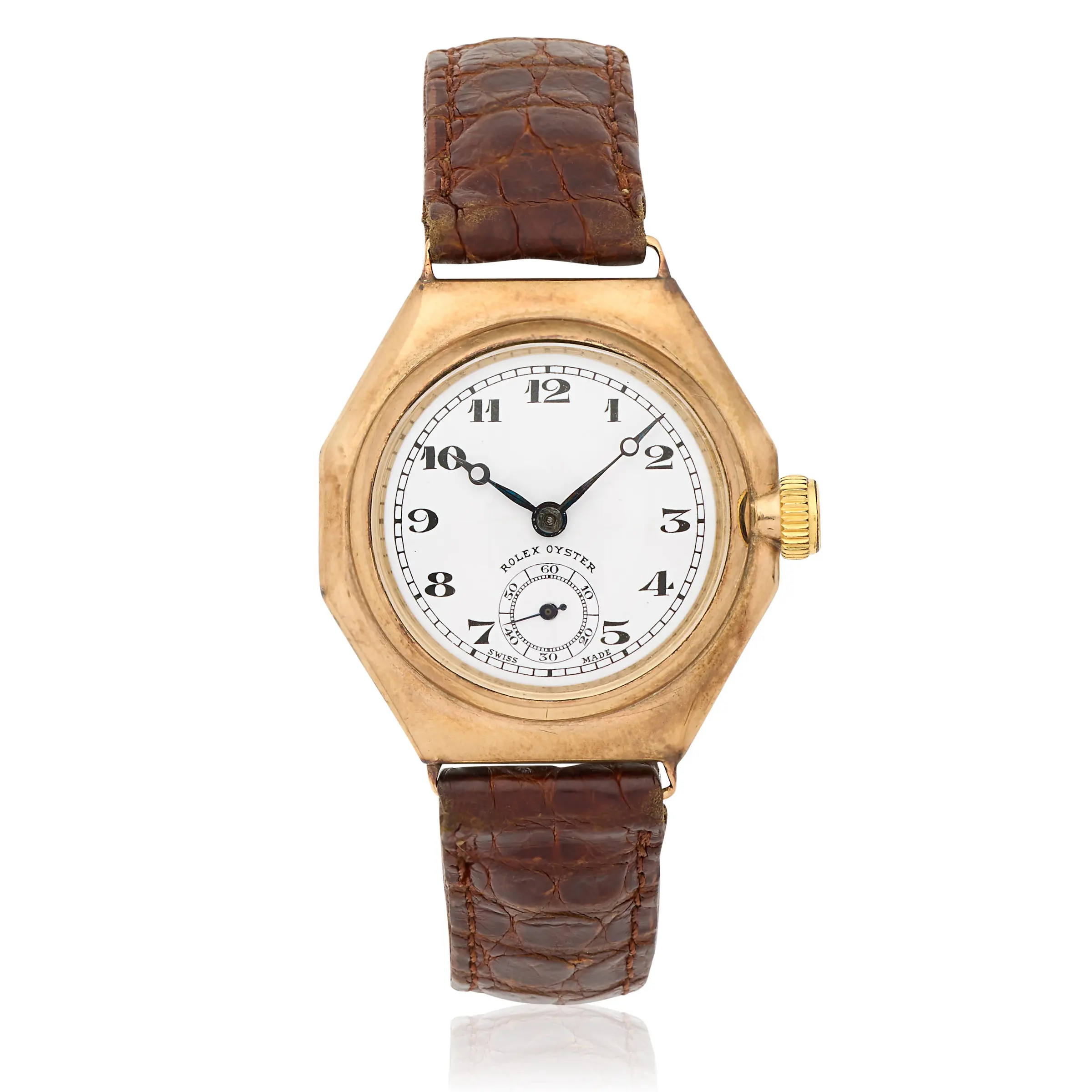 A vintage Rolex Oyster wristwatch, featuring a brown leather strap and a white dial with Arabic numerals.