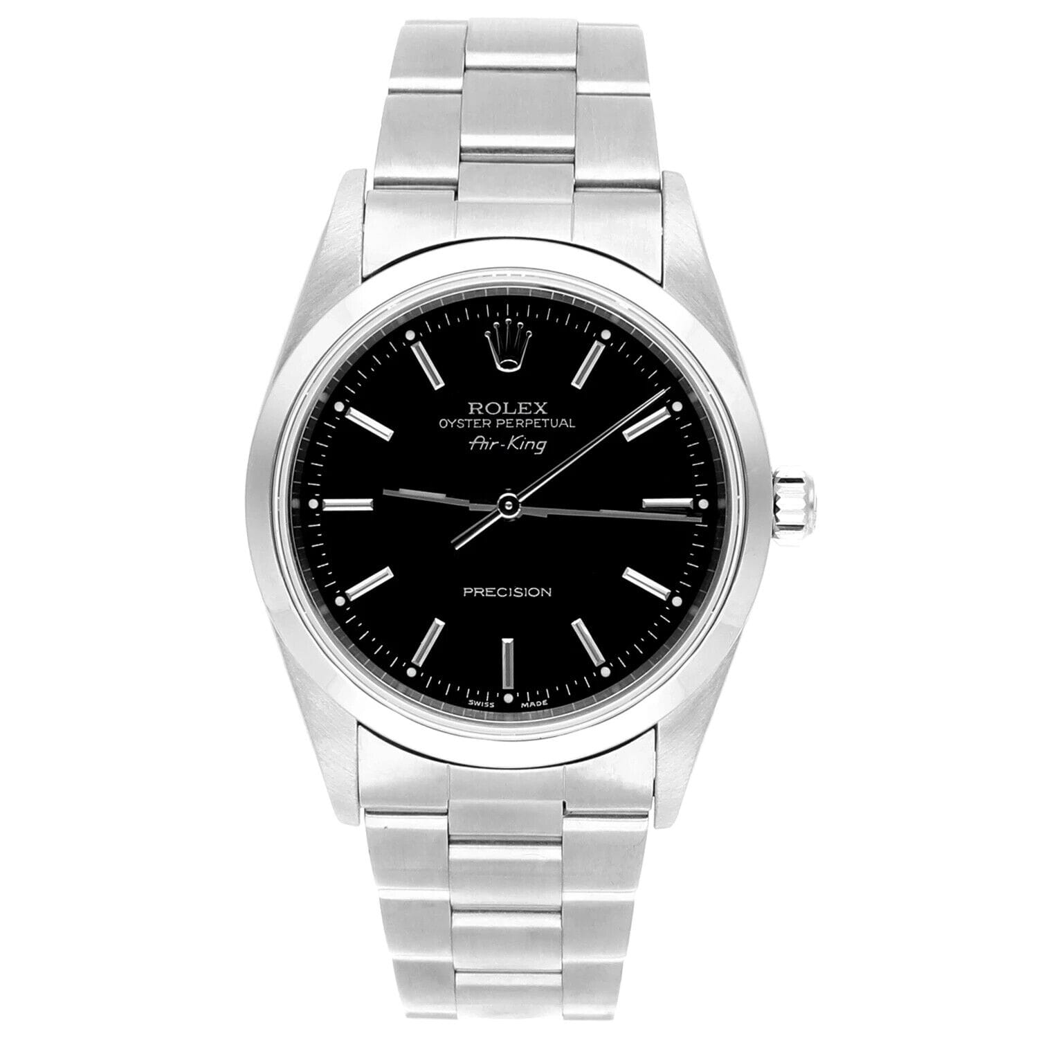 A silver Rolex Air-King 14000 with a sleek black dial and metal bracelet.