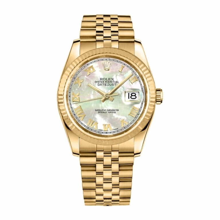 Gold Rolex Datejust 116238 watch with a mother-of-pearl dial, Roman numerals, and a date display at 3 o’clock.