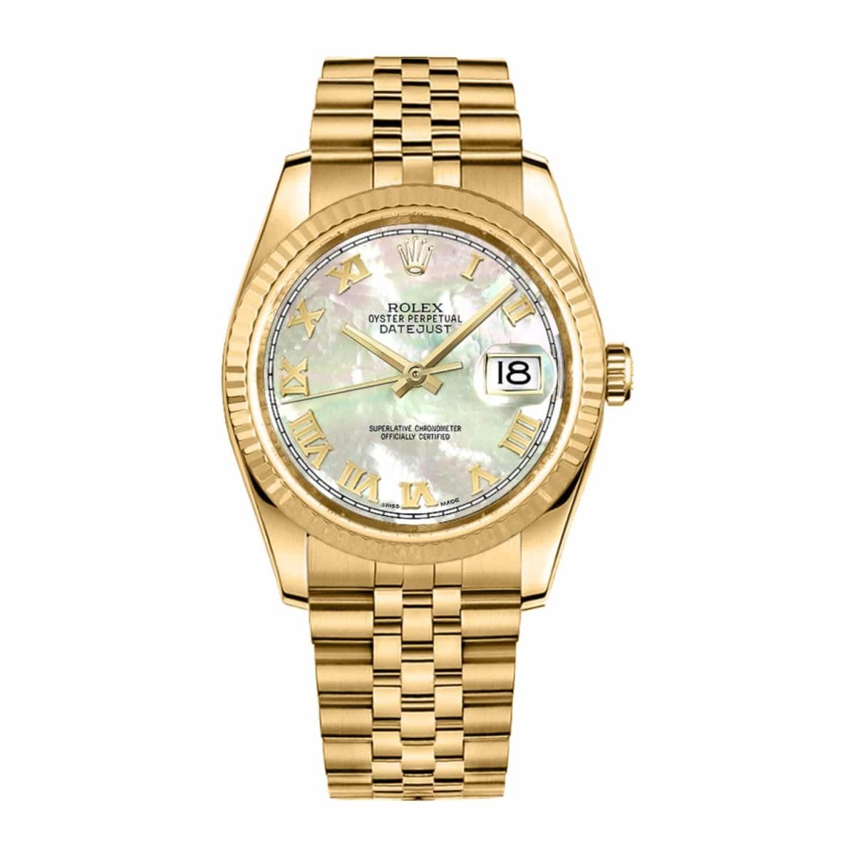 Gold Rolex Datejust 116238 watch with a mother-of-pearl dial, Roman numerals, and a date display at 3 o’clock.