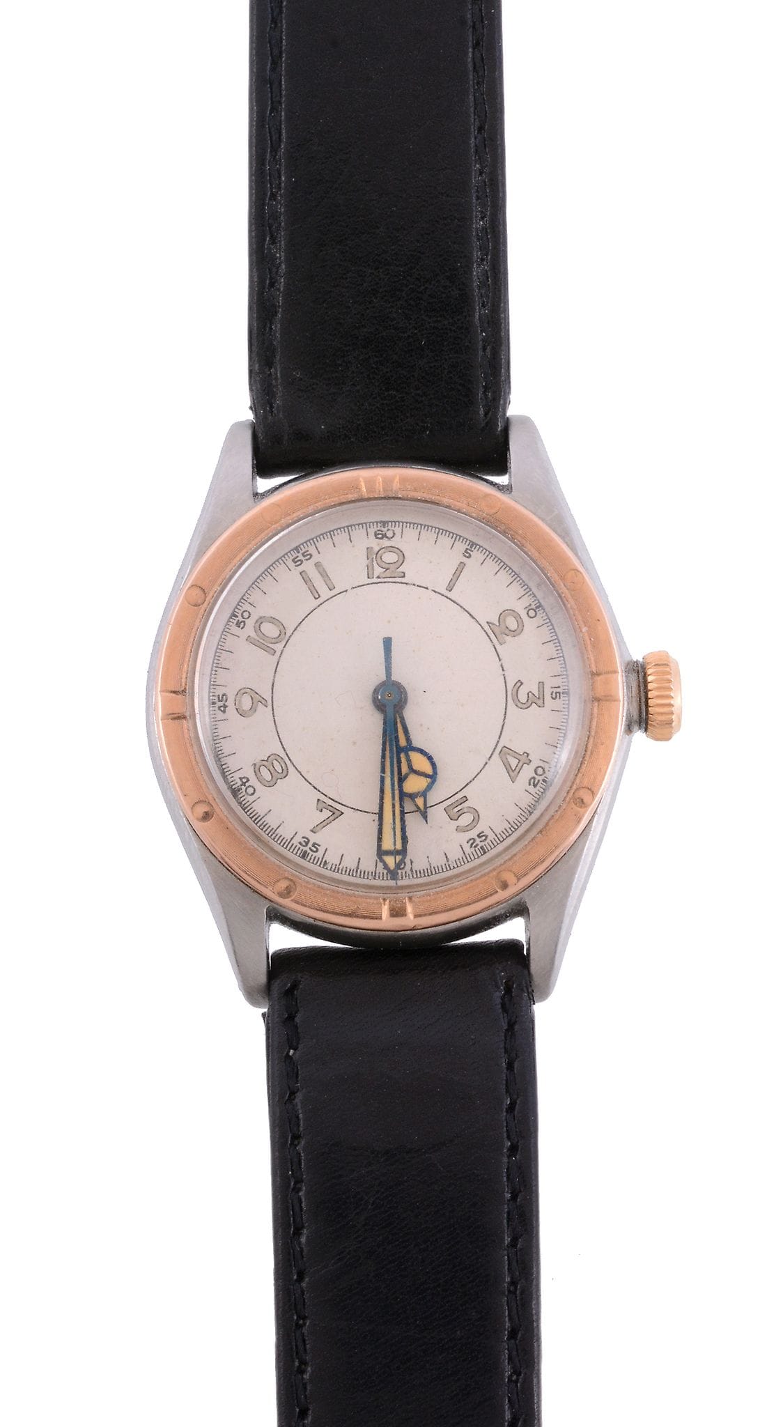 A vintage Rolex Oyster Perpetual wristwatch with a black leather strap and a round, silver and gold bezel.
