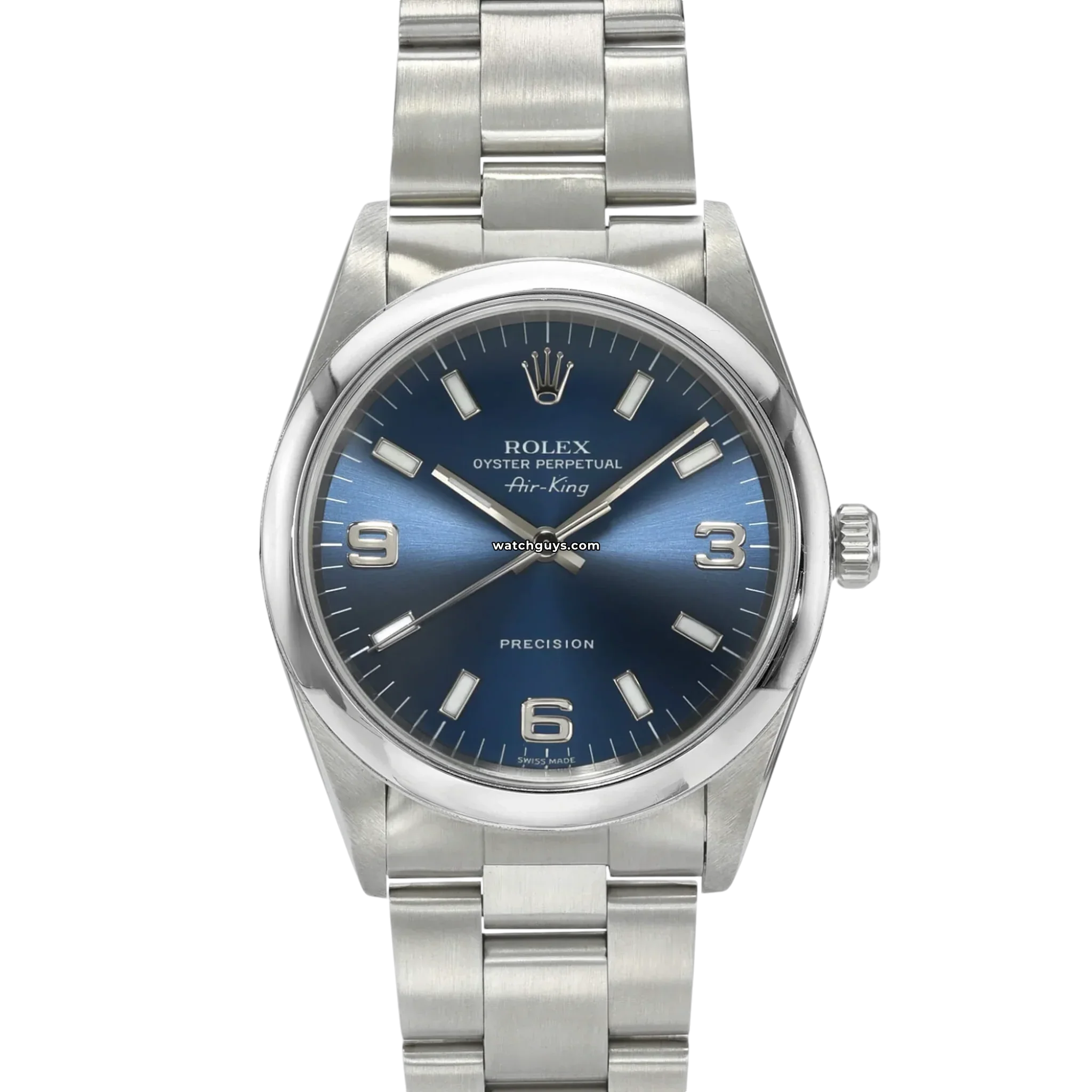 A stainless steel Rolex Air-King 14000M watch with a blue dial and silver hour markers on a metal bracelet.