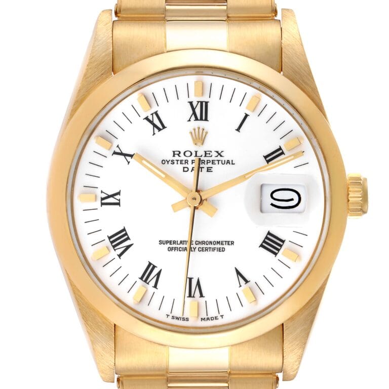 Gold Rolex Oyster Perpetual Date 15008 watch featuring a white dial, Roman numerals, and a magnified date window displaying the number nine.