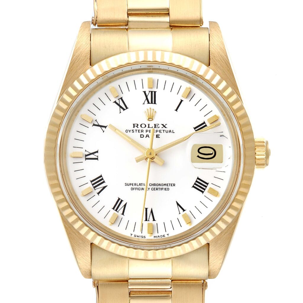 Gold Rolex Oyster Perpetual Date 15038 watch featuring a white dial, Roman numerals, and a date display at the 3 oclock position.