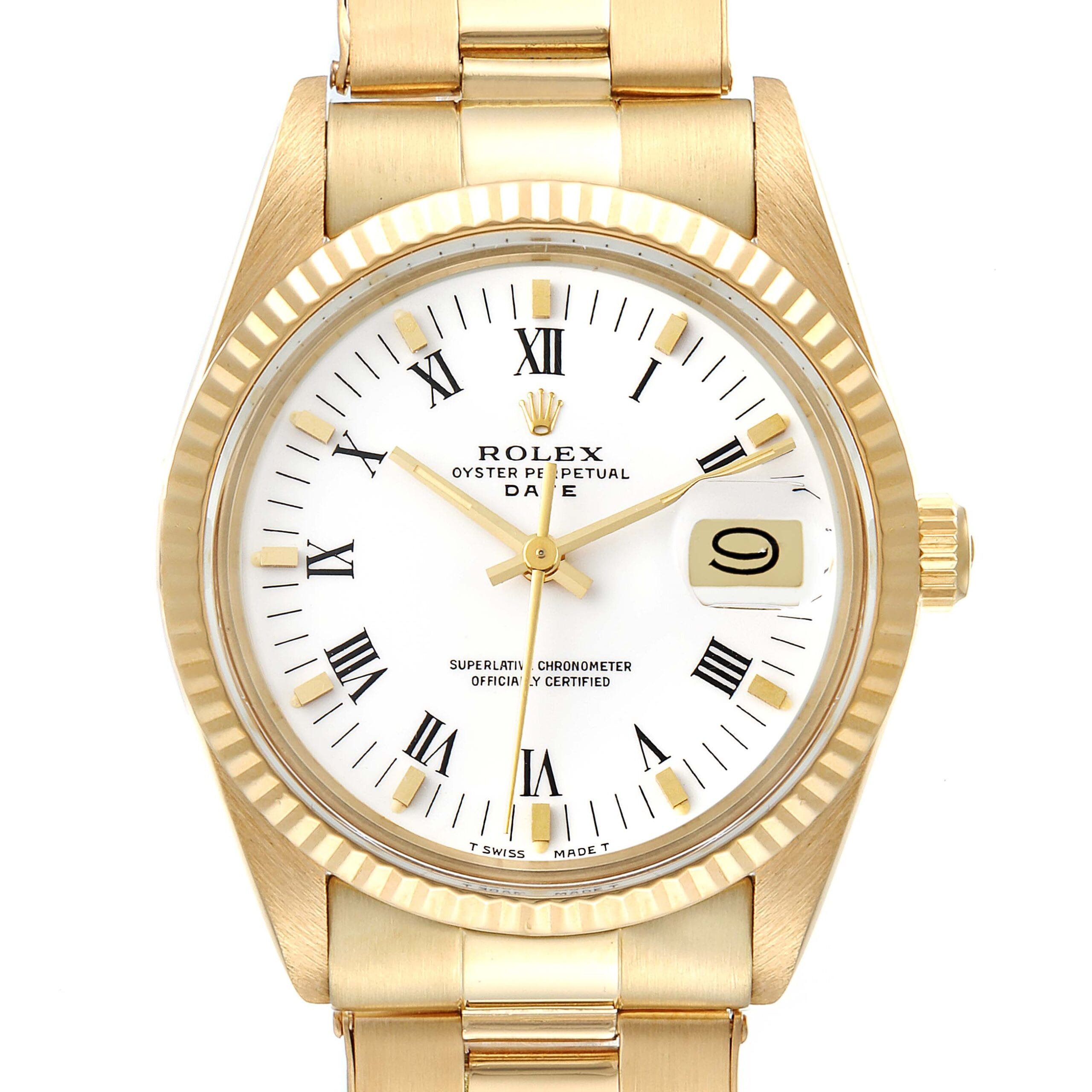Gold Rolex Oyster Perpetual Date 15038 watch featuring a white dial, Roman numerals, and a date display at the 3 oclock position.