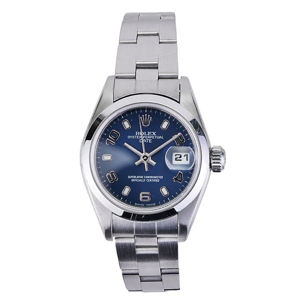 Silver Rolex Oyster Perpetual wristwatch with a blue dial, Arabic numerals, and a date display at the 3 o’clock position; model Date 79160.