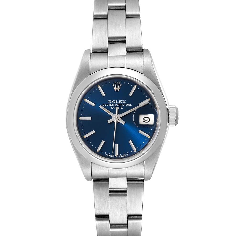 Silver Rolex Oyster Perpetual Date wristwatch, model 69160A, featuring a blue dial, date display, and metal link band on a white background.