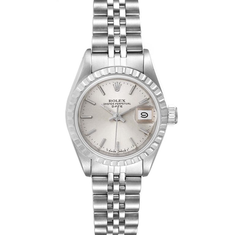 A silver Rolex Oyster Perpetual wristwatch with a metal band, white dial, and date display at the 3 o’clock position; model Date 69240.