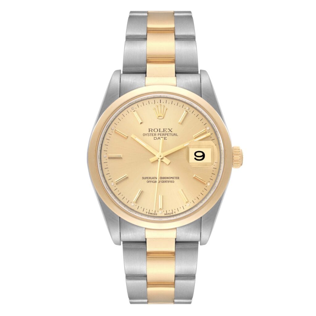 A two-tone Rolex Oyster Perpetual Date 15203 watch featuring a gold face and a striking silver and gold metal bracelet.
