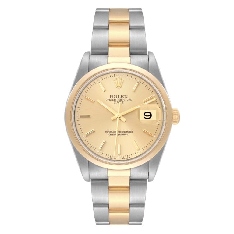 A two-tone Rolex Oyster Perpetual Date 15203 watch featuring a gold face and a striking silver and gold metal bracelet.