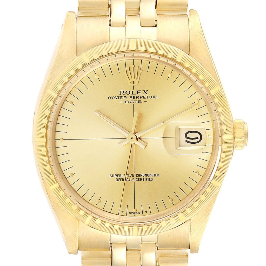Gold Rolex Oyster Perpetual Date 1512 watch featuring a gold dial, date window at 3 oclock, and matching gold bracelet.