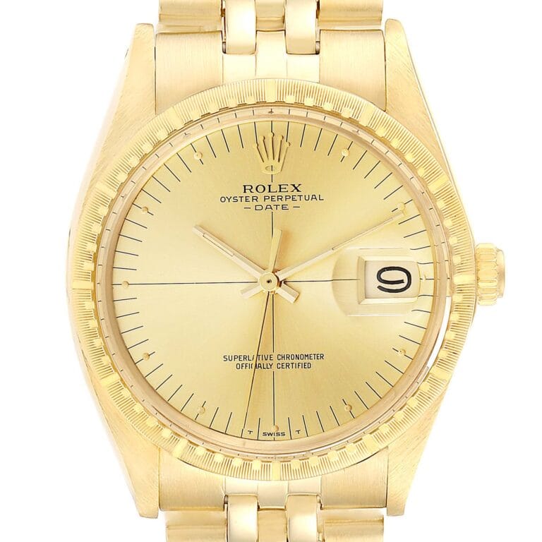 Gold Rolex Oyster Perpetual Date 1512 watch featuring a gold dial, date window at 3 oclock, and matching gold bracelet.