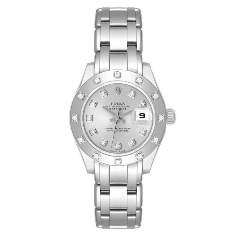 Silver Rolex Datejust luxury watch with diamond hour markers, metal link band, and date window at 3 o’clock.