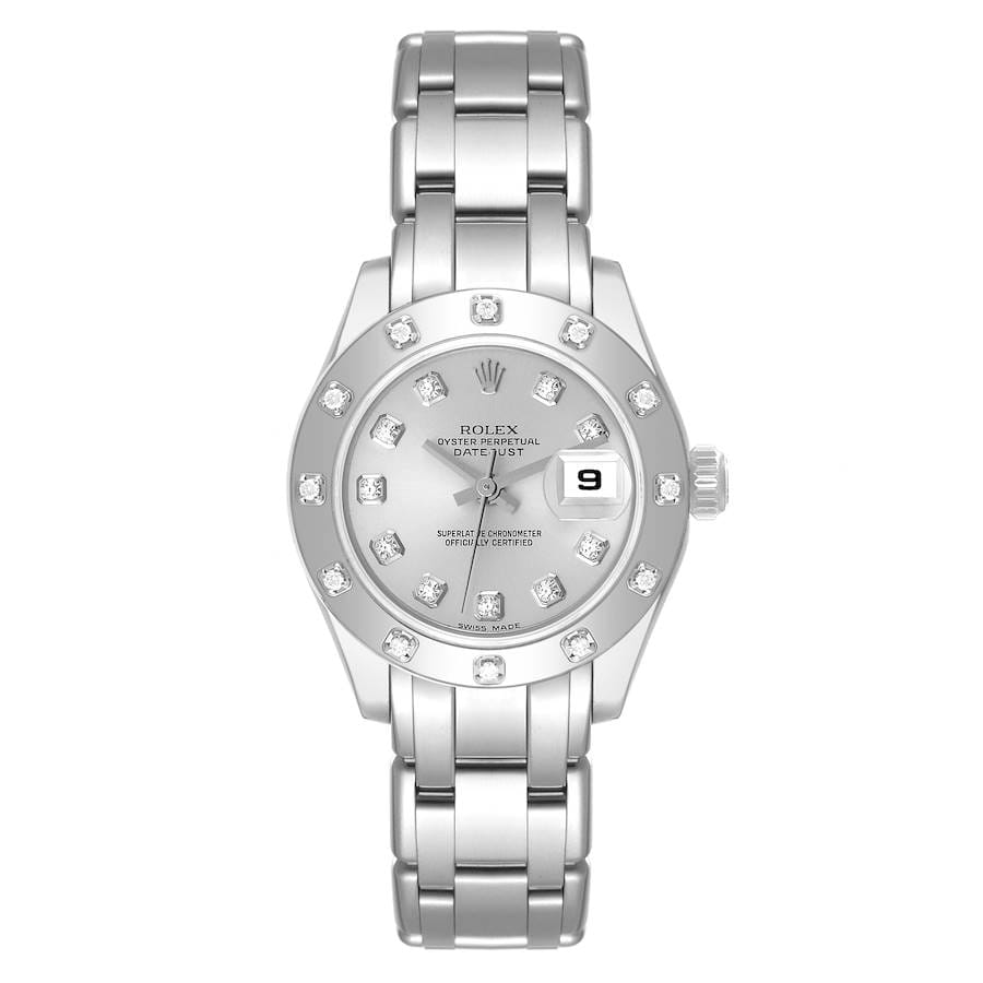 Silver Rolex Datejust luxury watch with diamond hour markers, metal link band, and date window at 3 o’clock.