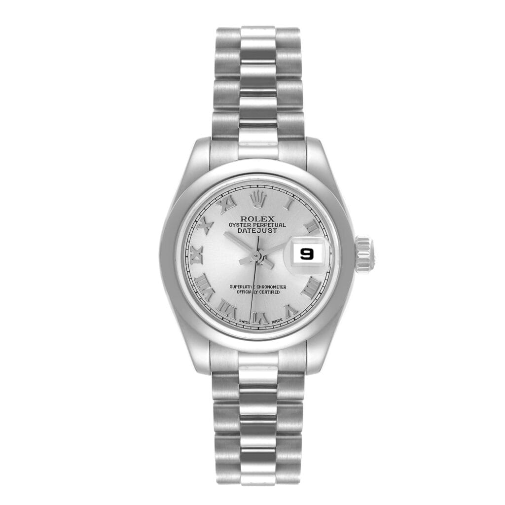 Silver Rolex Datejust 179166 watch with a metal bracelet, Roman numerals, and a date window at 3 oclock.
