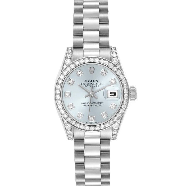 The silver Rolex Datejust 179159 watch features diamond hour markers and a sleek silver bracelet, elegantly displayed on a white background.