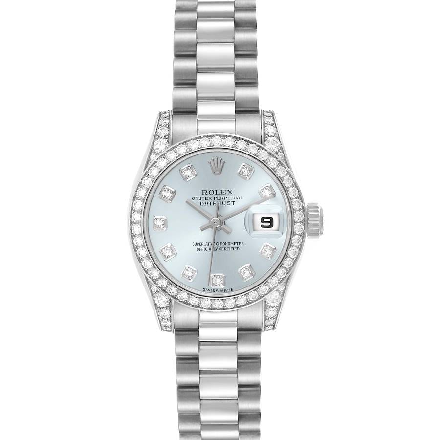 The silver Rolex Datejust 179159 watch features diamond hour markers and a sleek silver bracelet, elegantly displayed on a white background.