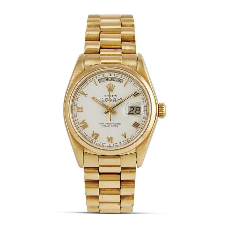 Gold Rolex Day-Date President 18028 wristwatch with a white dial, Roman numerals, and date and day displays.