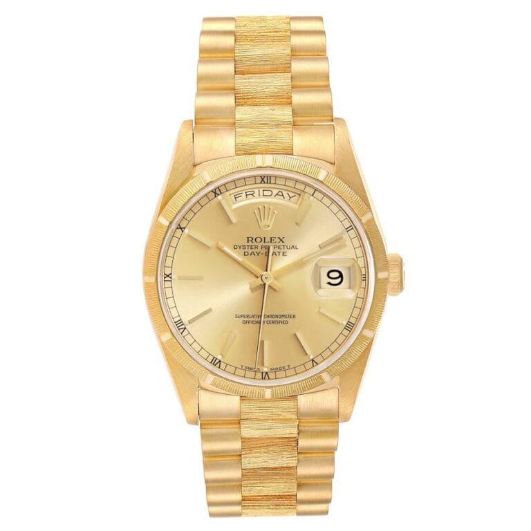 Gold Rolex President 18248 wristwatch featuring a day and date display, Roman numeral hour markers, and a matching gold bracelet.