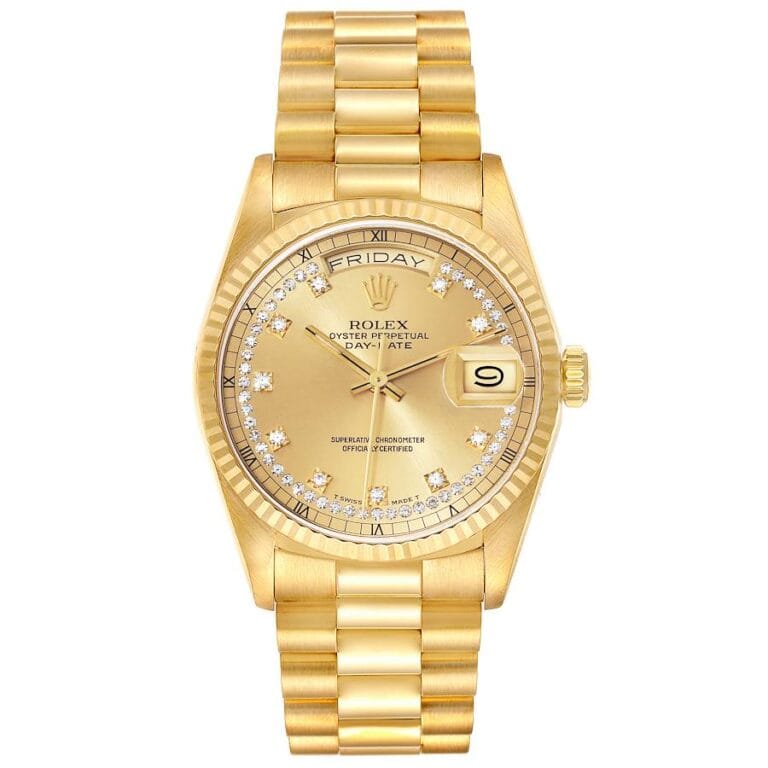 Gold Rolex Day-Date watch with diamond hour markers, day and date displays, and a gold metal link band—an iconic Rolex President 18238 timepiece.