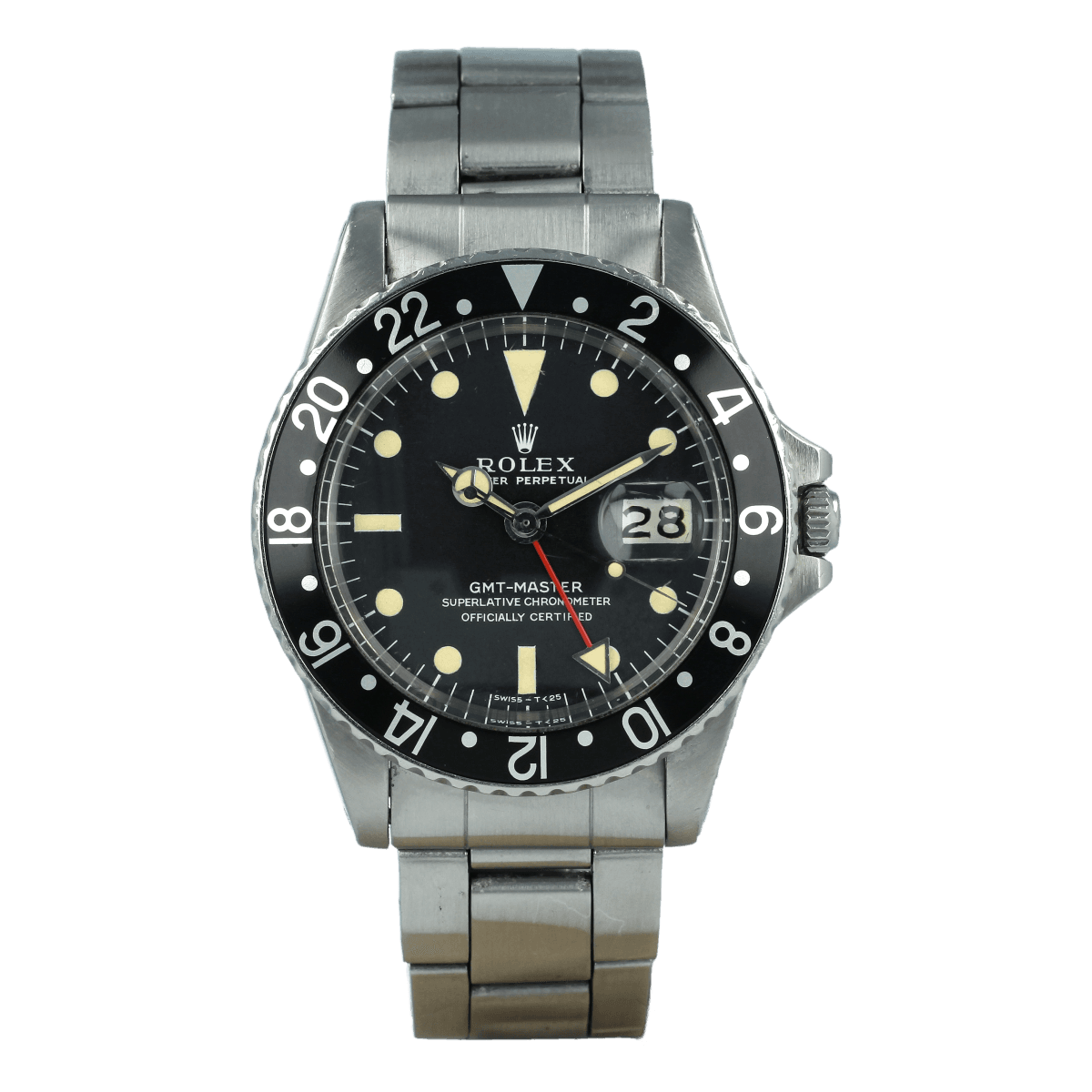 A vintage Rolex GMT-Master 1675 watch with a black bezel, black dial, and a stainless steel bracelet.